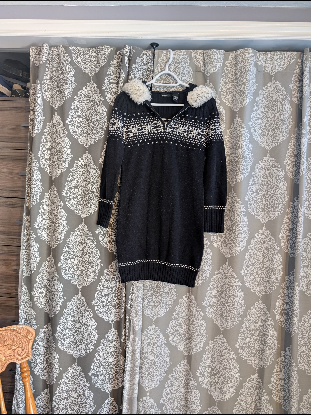 Moda International Black Knit Hooded Sweater with White Fair Isle Accents
